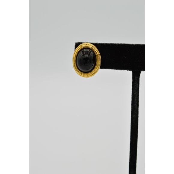 Givenchy Vintage Cabochon Earrings Stud Brushed Gold Black Signed 1980s BinC - Picture 6 of 9